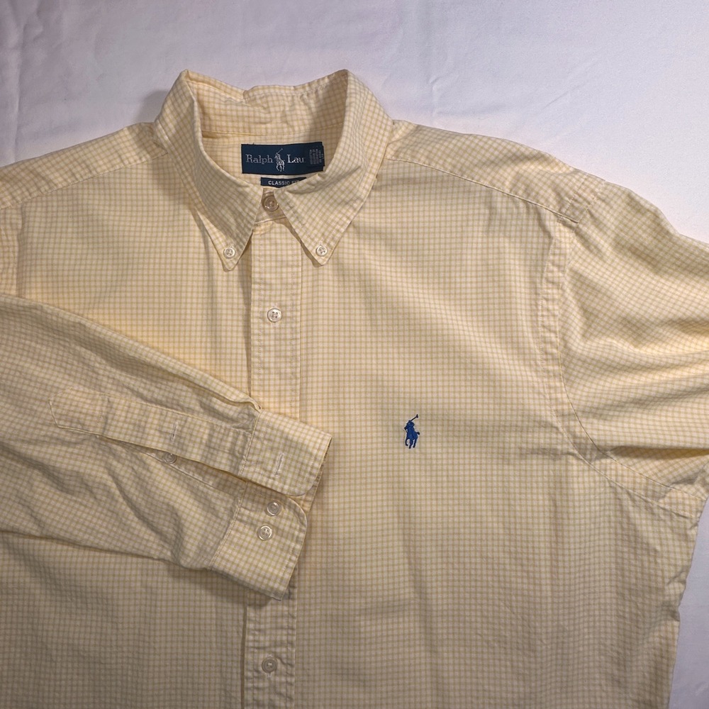 Ralph Lauren Classic Fit Gingham Button Down Shirt Men Yellow Blue Pony sz 15.5‎